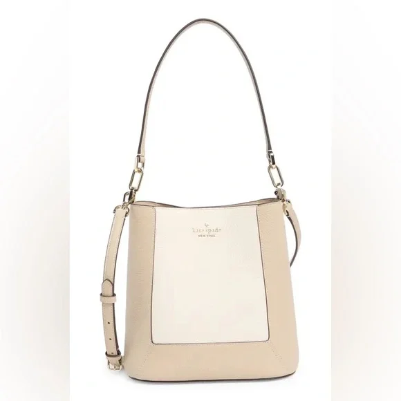 Kate Spade New York Lena Tan White Leather Colorblock Bucket Bag - Picture 2 of 13